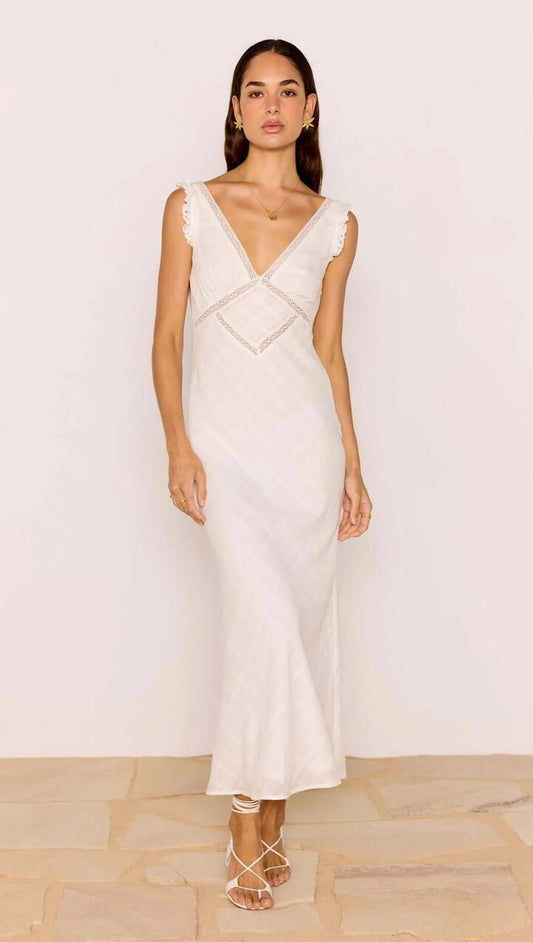 Image of Dresses. Product name - Lace Detail White Cotton Midi Dress in Off White colour by brand - MINKPINK