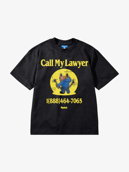 Image of a model wearing Tops. Productname: Market Smiley Call My Lawyer Bear T-Shirt in Jet Black colour by brand - Market