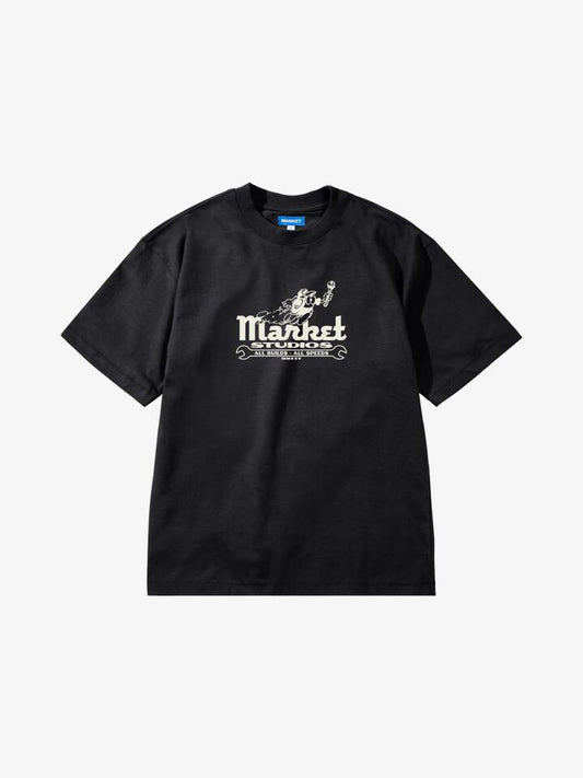 Image of a model wearing Tops. Productname: Market Speed And Quality T-Shirt in Pirate Black colour by brand - Market