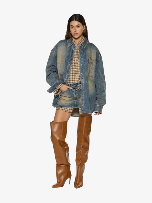 Image of a model wearing Tops. Productname: Ksubi Oversized Long Sleeve Shirt Dune in DUNE colour by brand - Ksubi