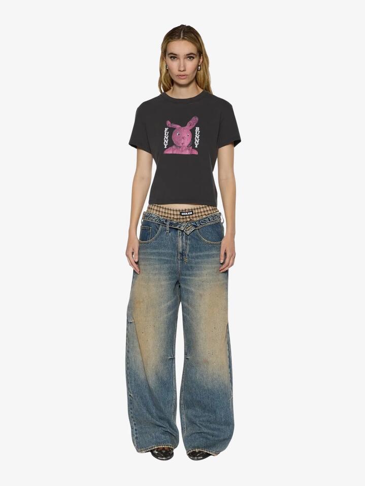 Image of a model wearing Tops. Productname: Ksubi Funny Bunny Shrunken Short Sleeve Tee in Charcoal colour by brand - Ksubi