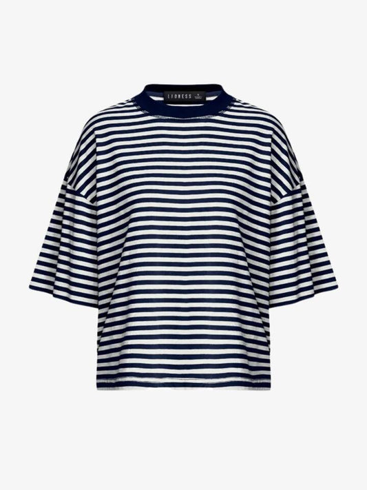 Image of a model wearing Tops. Productname: Lioness Bloom Short Sleeve Tee in White Navy Stripe colour by brand - Lioness