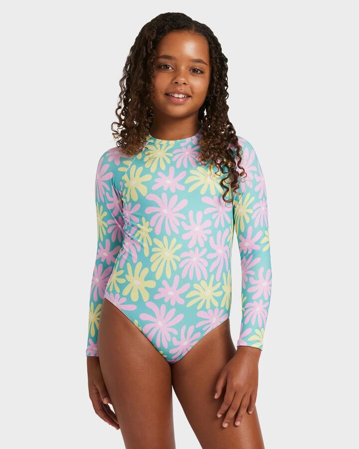 Image of Coats & Jackets. Product name - Roxy Girls 8-16 Flower Lover One Piece Rash Vest Coastal Shade Flipper in Coastal Shade Flipper colour by brand - Roxy