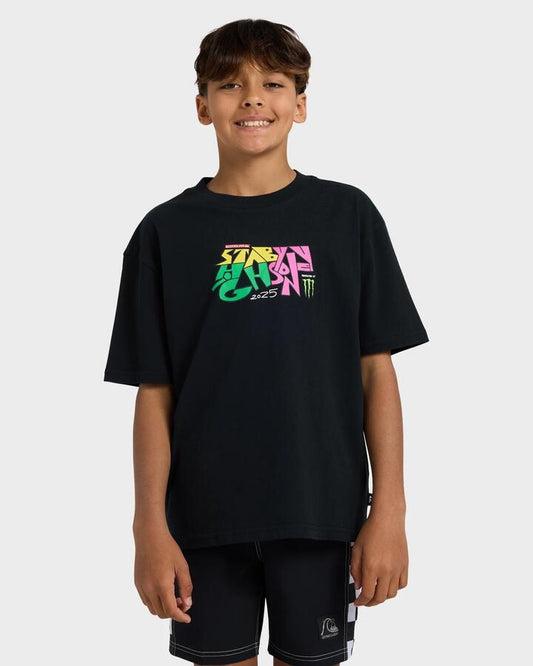 Image of a model wearing Tops. Productname: Quiksilver Boys 8-16 Stab X Quik T-Shirt Black - in Black colour by brand - Quiksilver
