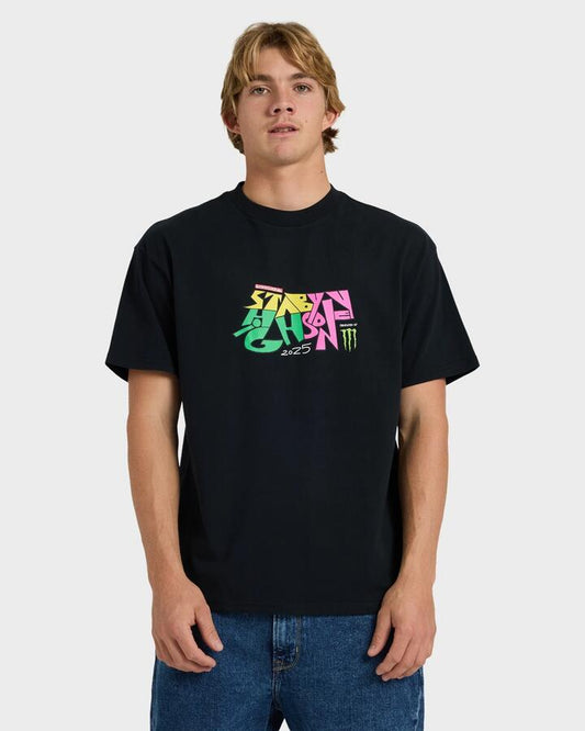 Image of a model wearing Tops. Productname: Quiksilver Mens Stab X Quik T-Shirt Black - in Black colour by brand - Quiksilver