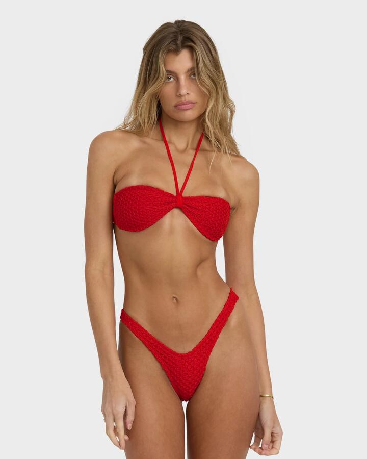 Image of a model wearing Tops. Productname: Billabong Womens Twisted Tides Halter Bandeau Bikini Top Red Aloha - in Red Aloha colour by brand - Billabong