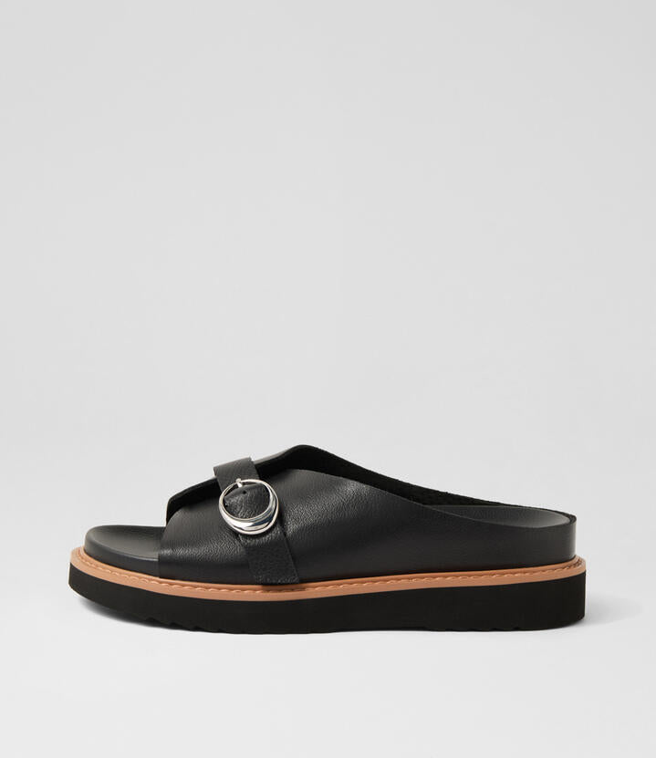Image of Slippers. Productname: Colay Black Silver Leather Slides in Black-Silver colour by brand - MOLLINI