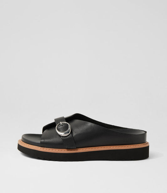Image of Slippers. Productname: Colay Black Silver Leather Slides in Black-Silver colour by brand - MOLLINI