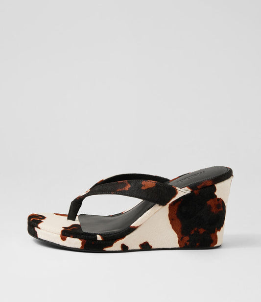 Image of Sandals. Productname: Kyrie Black Brown Cow Print Pony Leather Sandals in BLACK&BROWN COW PRINT colour by brand - MOLLINI