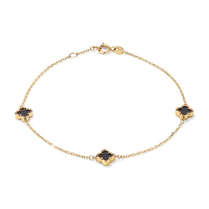 Image of Bracelets. Productname: 19cm Onyx Clover Station Bracelet in 9kt Yellow Gold in Gold colour by brand - Bevilles