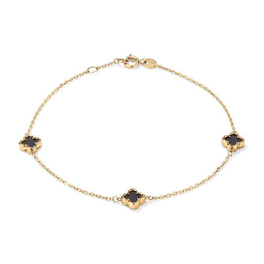 Image of Bracelets. Productname: 19cm Onyx Clover Station Bracelet in 9kt Yellow Gold in Gold colour by brand - Bevilles