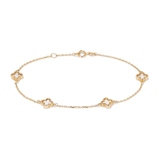 Image of Bracelets. Productname: 19cm Mother of Pearl Clover Station Bracelet in 9kt Yellow Gold in Gold colour by brand - Bevilles