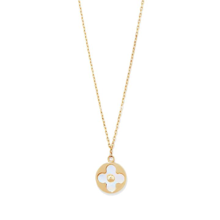 Image of Necklaces. Productname: 45cm Mother of Pearl Cut-Out Clover Pendant Necklace in 9kt Yellow Gold in Gold colour by brand - Bevilles