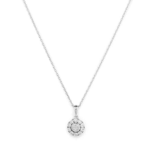 Image of Charms. Product name - 45cm Round Shape Halo Pendant with 0.05tw of Diamonds in Rhodium Plated Sterling Silver in colour by brand - Bevilles