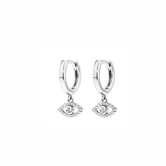 Image of Earrings. Productname: Cubic Zirconia Evil Eye Drop Huggie Earrings in Sterling Silver in Silver colour by brand - Bevilles