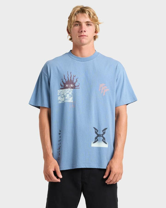 Image of a model wearing Tops. Productname: Quiksilver Mens Free Lock T-Shirt Coronet Blue - in Coronet Blue colour by brand - Quiksilver