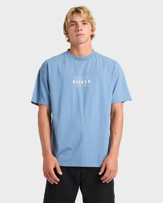 Image of a model wearing Tops. Productname: Quiksilver Mens Blurred Lines T-Shirt Coronet Blue - in Coronet Blue colour by brand - Quiksilver