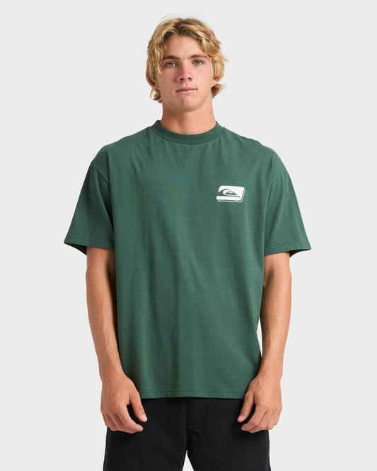 Image of a model wearing Tops. Productname: Quiksilver Mens Reflex T-Shirt Trekking Green - in Trekking Green colour by brand - Quiksilver