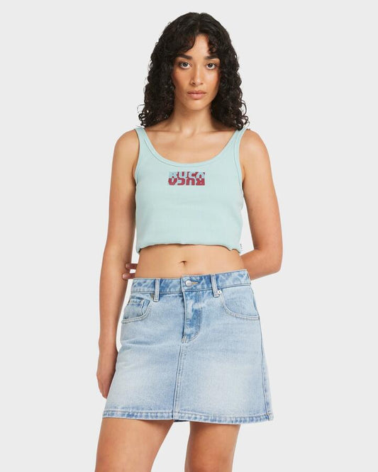 Image of a model wearing Tops. Productname: RVCA - Womens Flipped Scooped Tank Top - Mist Blue - in Mist Blue colour by brand - RVCA