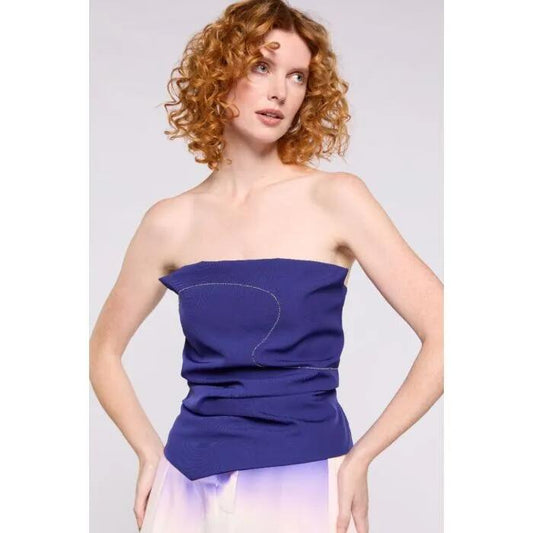 Image of a model wearing Tops. Productname: Fara Bodice in PURPLE HAZE colour by brand - sass and bide