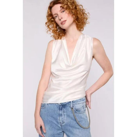 Image of a model wearing Tops. Productname: Satellite Tank in Ivory colour by brand - sass and bide