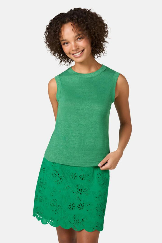 Image of a model wearing Tops. Productname: Hemp Jersey Tank in Green colour by brand - Gorman