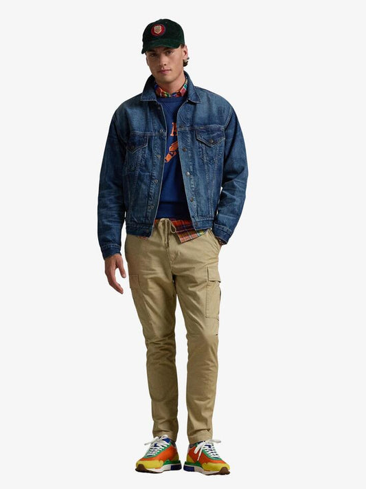 Image of a model wearing Pants. Productname: Polo Ralph Lauren Stretch Slim Fit Twill Cargo Pants in Classic Khaki colour by brand - Polo Ralph Lauren