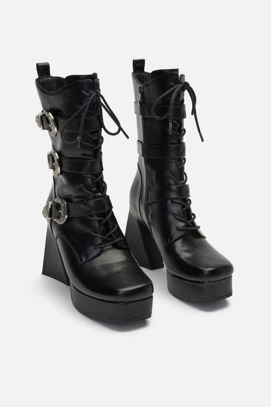 Image of Heels. Productname: Triple Buckle Heeled Boots in Black colour by brand - Black Friday