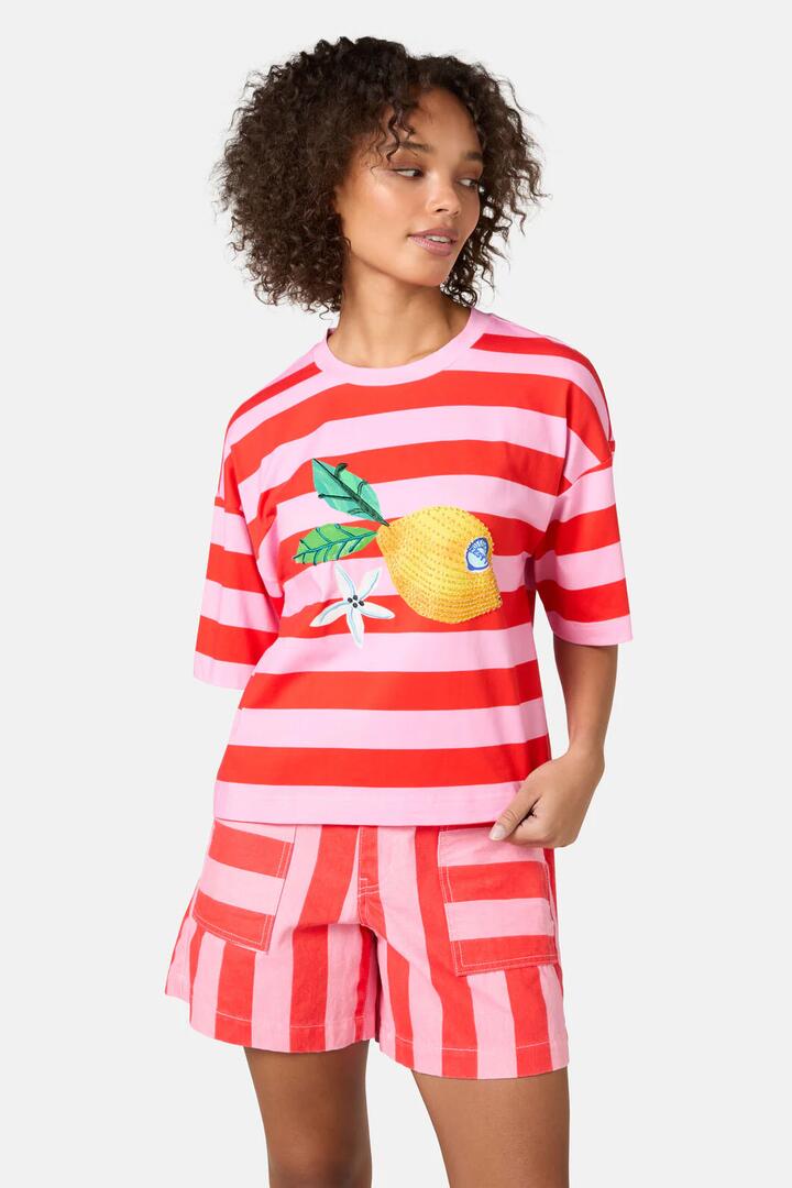 Image of a model wearing Tops. Productname: Lemonade Print Relaxed Tee in Print colour by brand - Gorman