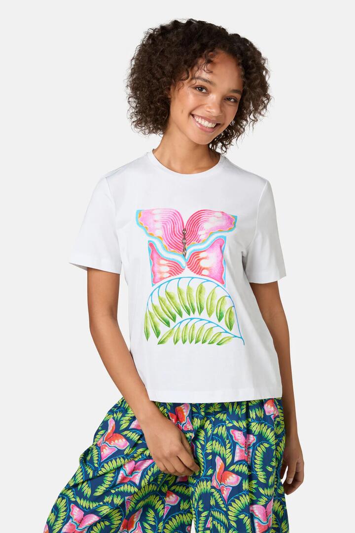 Image of a model wearing Tops. Productname: In Secret Print Classic Tee in Print colour by brand - Gorman