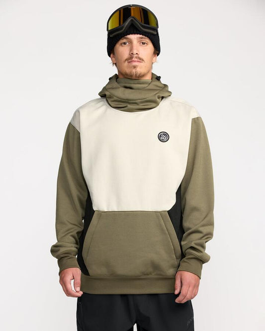 Image of a model wearing Outerwear. Product name - Volcom Mens Hydro Riding Pullover Hoodie Military in Military colour by brand - Volcom