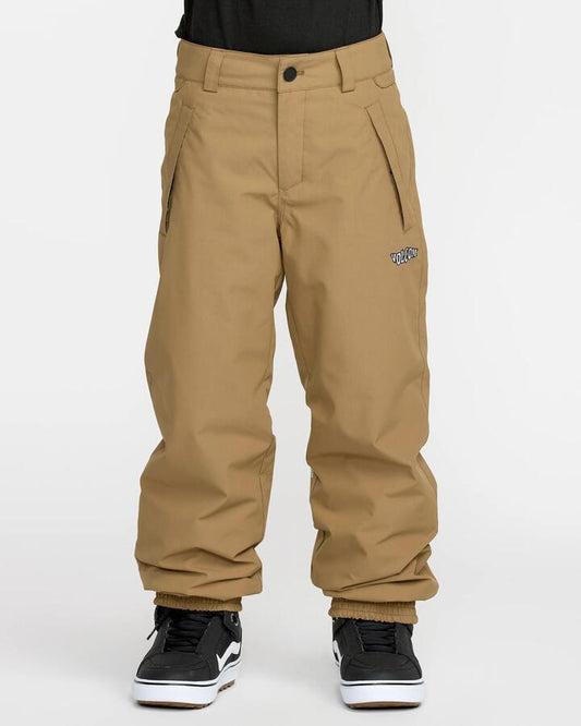 Image of a model wearing Pants. Product name - Volcom Boys 8-16 Chaos Insulated Snow Pants Bronze in Bronze colour by brand - Volcom