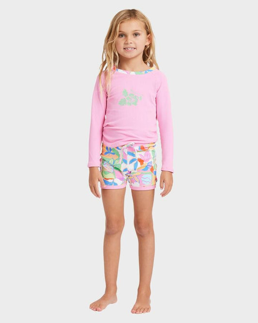 Image of a model wearing Tops. Product name - Billabong Girls 2-7 Sun Shift Long Sleeve Rash Vest Set Multi in Multi colour by brand - Billabong
