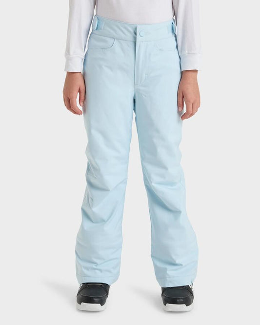 Image of a model wearing Pants. Product name - Roxy Girls 8-16 Backyard Snow Pants Ice Blue in Ice Blue colour by brand - Roxy
