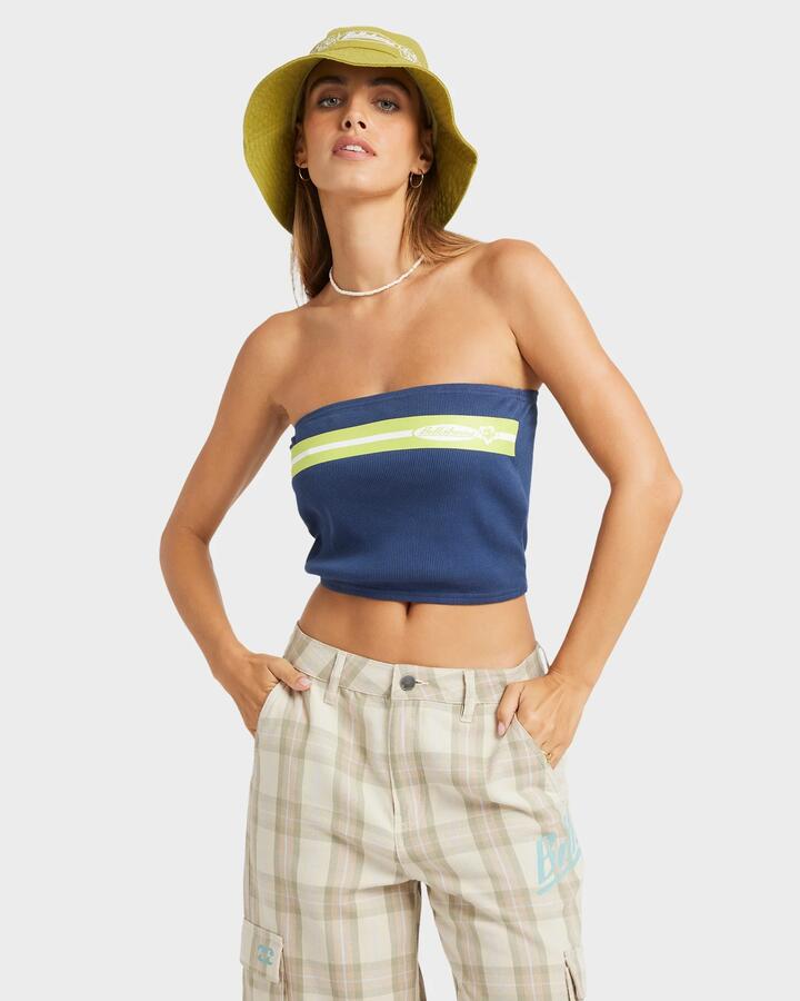 Image of a model wearing Tops. Productname: Billabong - Womens Billa Crush Tube Top - Celestial Blue - in Celestial Blue colour by brand - Billabong