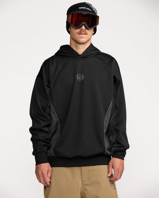 Image of a model wearing Outerwear. Product name - Volcom Mens Vital Hydro Pullover Hoodie Black in Black colour by brand - Volcom