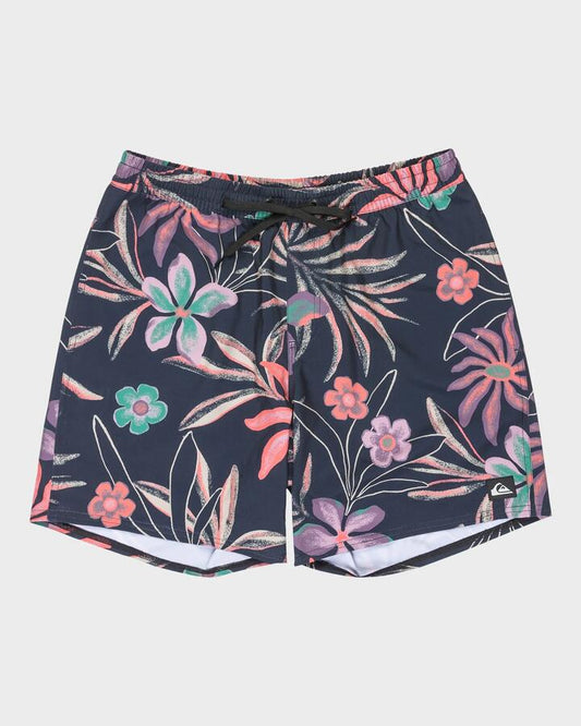 Image of a model wearing Shorts. Productname: Quiksilver - Mens Surfsilk 17" Swim Shorts - Dark Navy Natural Surrealism - in Dark Navy Natural Surrealism colour by brand - Quiksilver