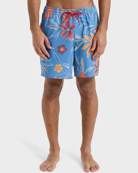 Image of a model wearing Shorts. Productname: Quiksilver - Mens Surfsilk 17" Swim Shorts - Coronet Blue Natural Surrealis - in Coronet Blue Natural Surrealis colour by brand - Quiksilver