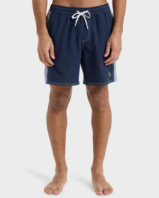 Image of a model wearing Shorts. Productname: Quiksilver Mens Original Arch 17" Swim Shorts Dark Navy - in Dark Navy colour by brand - Quiksilver