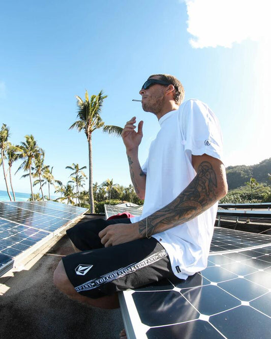 Image of a model wearing Shorts. Productname: Volcom - Mens Command Liberator 20" Boardshort - Black - in Black colour by brand - Volcom