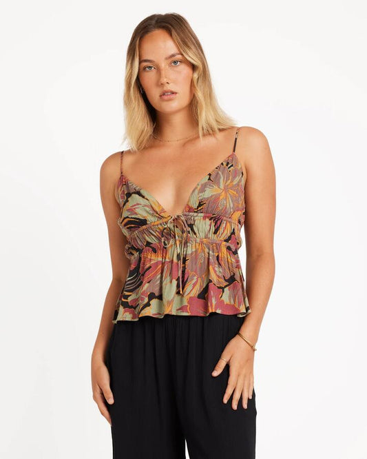 Image of a model wearing Tops. Product name - Volcom Womens Swell Ya Cami Tank Top Multi in Multi colour by brand - Volcom
