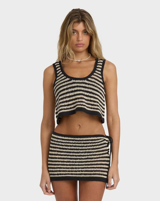 Image of a model wearing Tops. Product name - Billabong Womens Laura Flip Tide Crop Top Black Sands in Black Sands colour by brand - Billabong