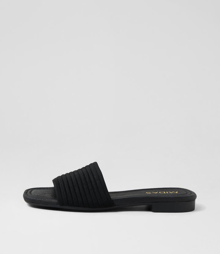 Image of Slippers. Productname: Gambol Black Fabric Slides in BLACK colour by brand - MIDAS