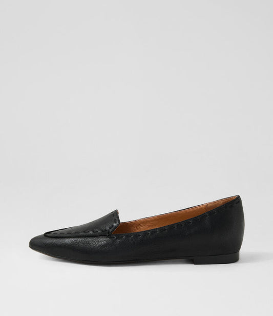Image of Flats. Productname: Yukka Black Stitch Leather Loafers in BLACK-BLACK STITCH colour by brand - MIDAS