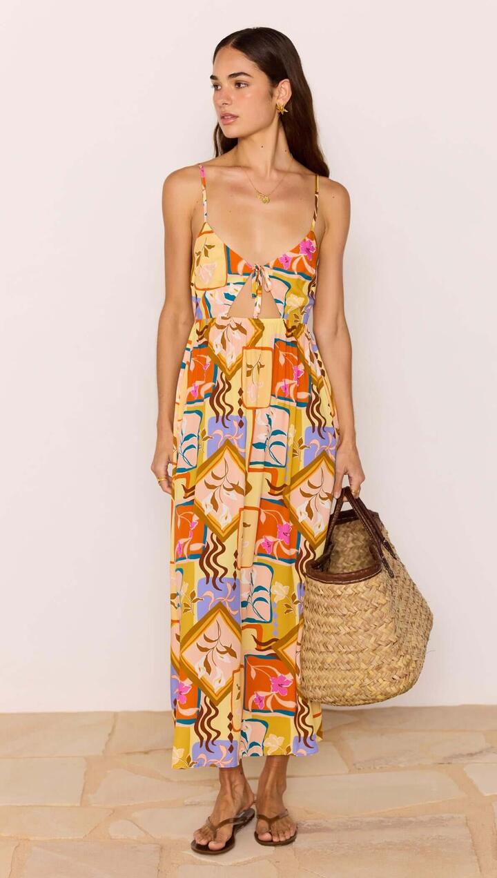 Image of Dresses. Product name - Bold Scarf Print Midi Dress With Cut Out in Multi Print colour by brand - MINKPINK