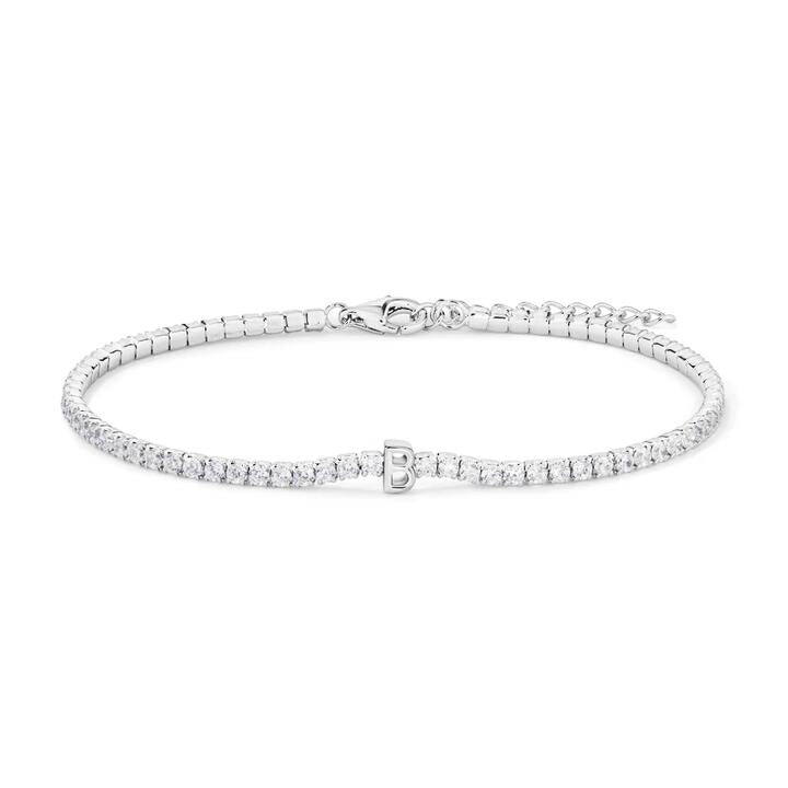 Image of Bracelets. Productname: 20cm Initial B Cubic Zirconia Tennis Bracelet in Sterling Silver in Silver colour by brand - Bevilles