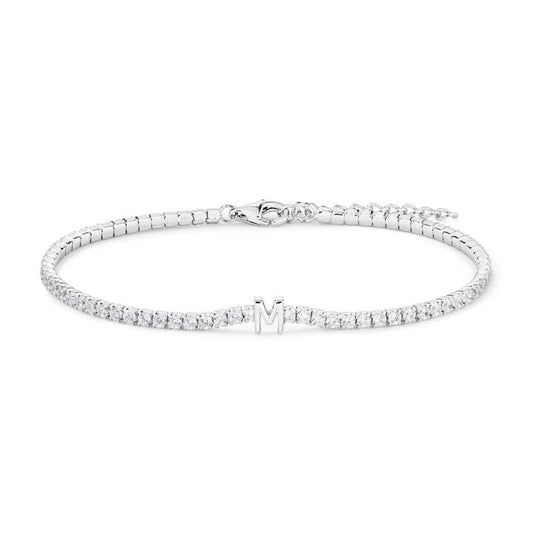 Image of Bracelets. Productname: 20cm Initial M Cubic Zirconia Tennis Bracelet in Sterling Silver in Silver colour by brand - Bevilles
