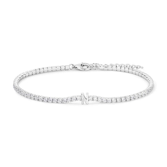 Image of Bracelets. Productname: 20cm Initial N Cubic Zirconia Tennis Bracelet in Sterling Silver in Silver colour by brand - Bevilles