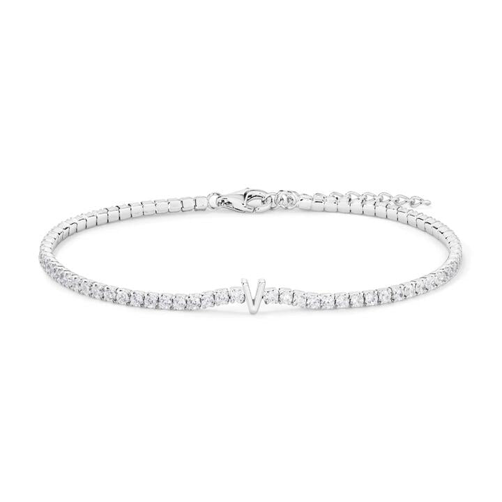 Image of Bracelets. Productname: 20cm Initial V Cubic Zirconia Tennis Bracelet in Sterling Silver in Silver colour by brand - Bevilles