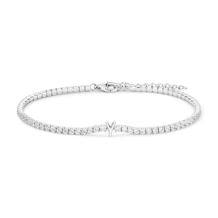 Image of Bracelets. Productname: 20cm Initial Y Cubic Zirconia Tennis Bracelet in Sterling Silver in Silver colour by brand - Bevilles